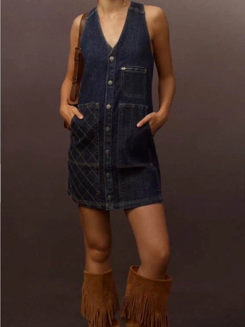 Pilcro Anthropologie Pinafore V Neck Mini Blue Denim Dress XL New NWT Sleeveless - Picture 4 of 11